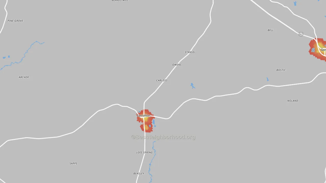 Walk Grade map of Pickens County, AL, walkable areas in green and car-dependent areas in red
