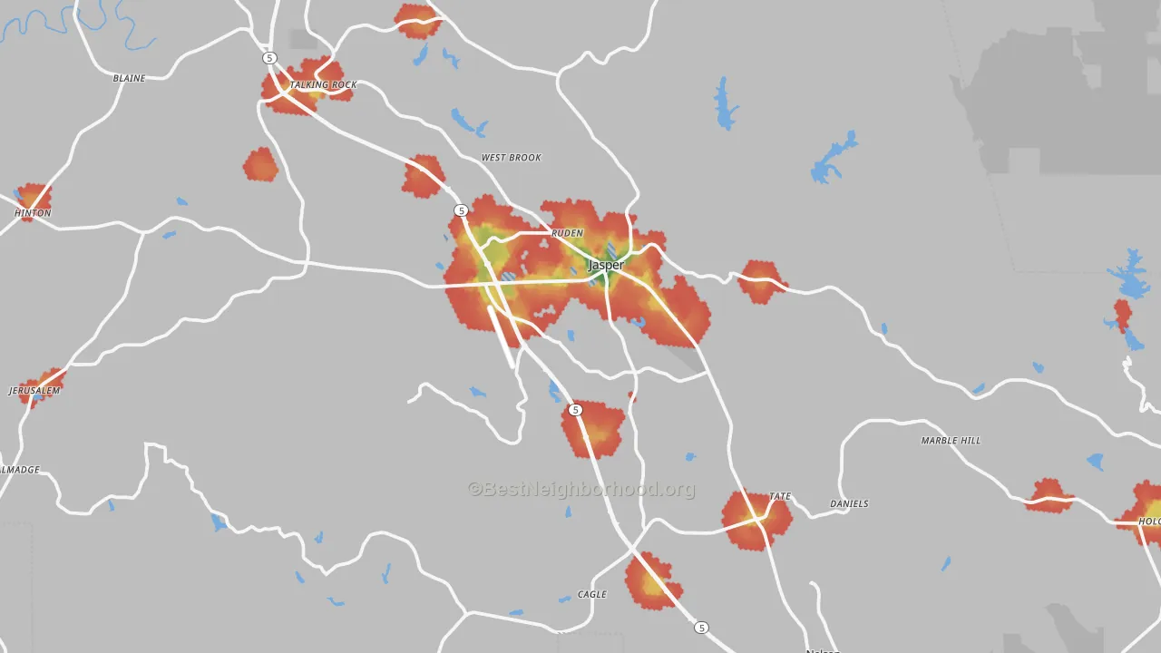 Walk Grade map of Pickens County, GA, walkable areas in green and car-dependent areas in red