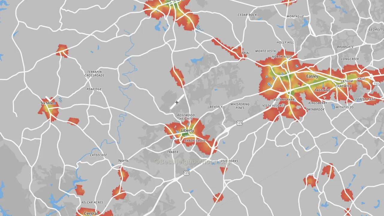 Walk Grade map of Pickens County, SC, walkable areas in green and car-dependent areas in red