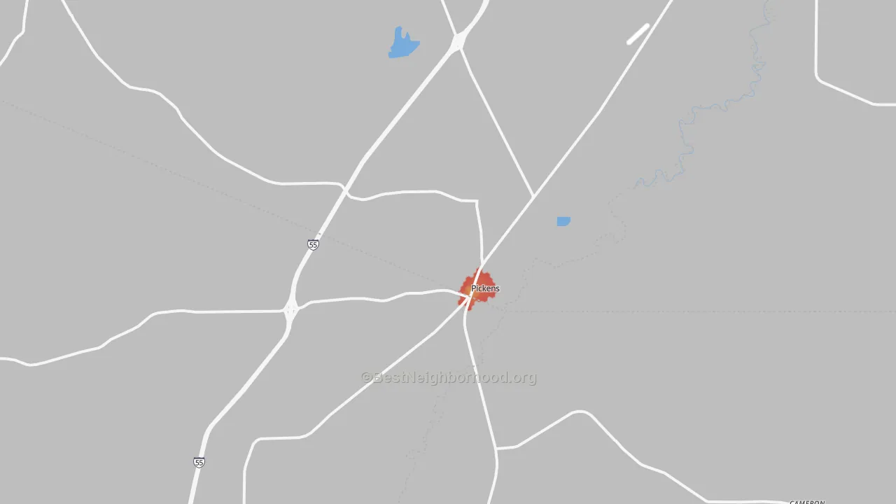 Walk Grade map of Pickens, MS, walkable areas in green and car-dependent areas in red