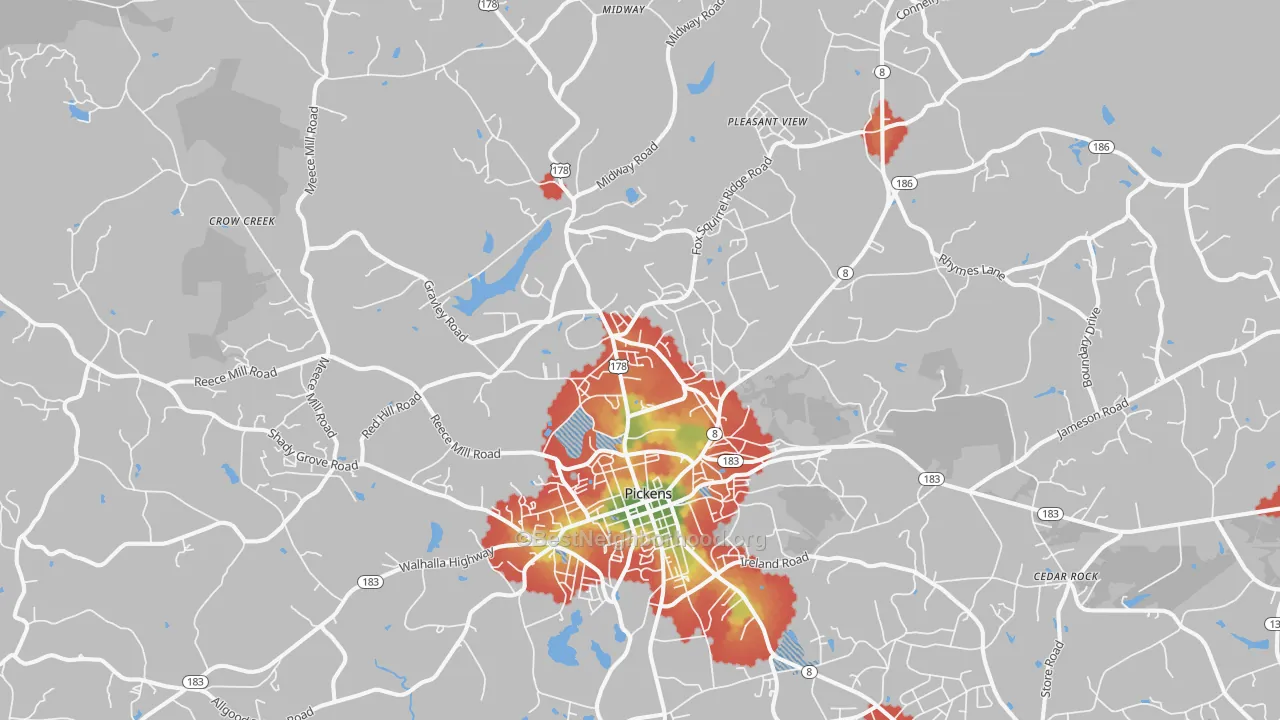Walk Grade map of Pickens, SC, walkable areas in green and car-dependent areas in red
