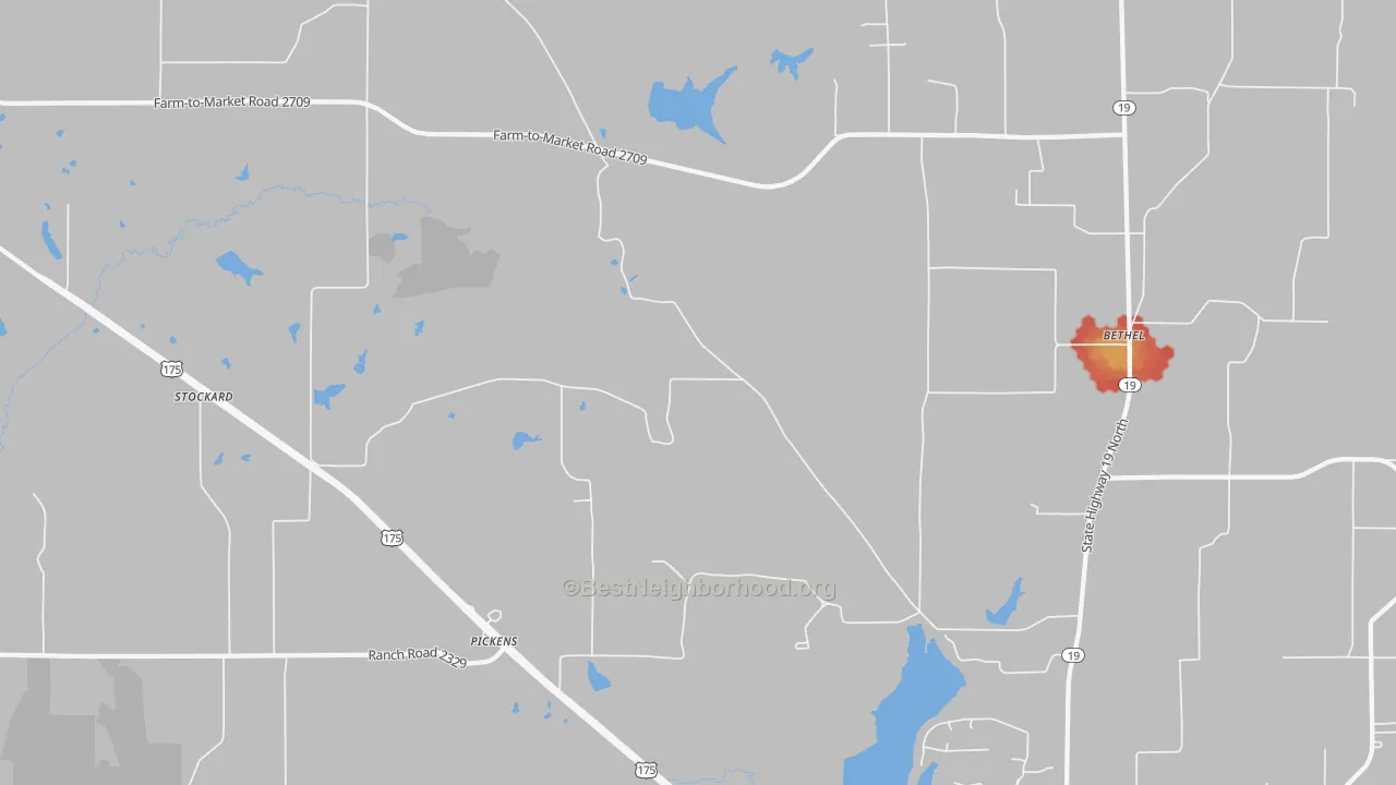 Walk Grade map of Pickens, TX, walkable areas in green and car-dependent areas in red