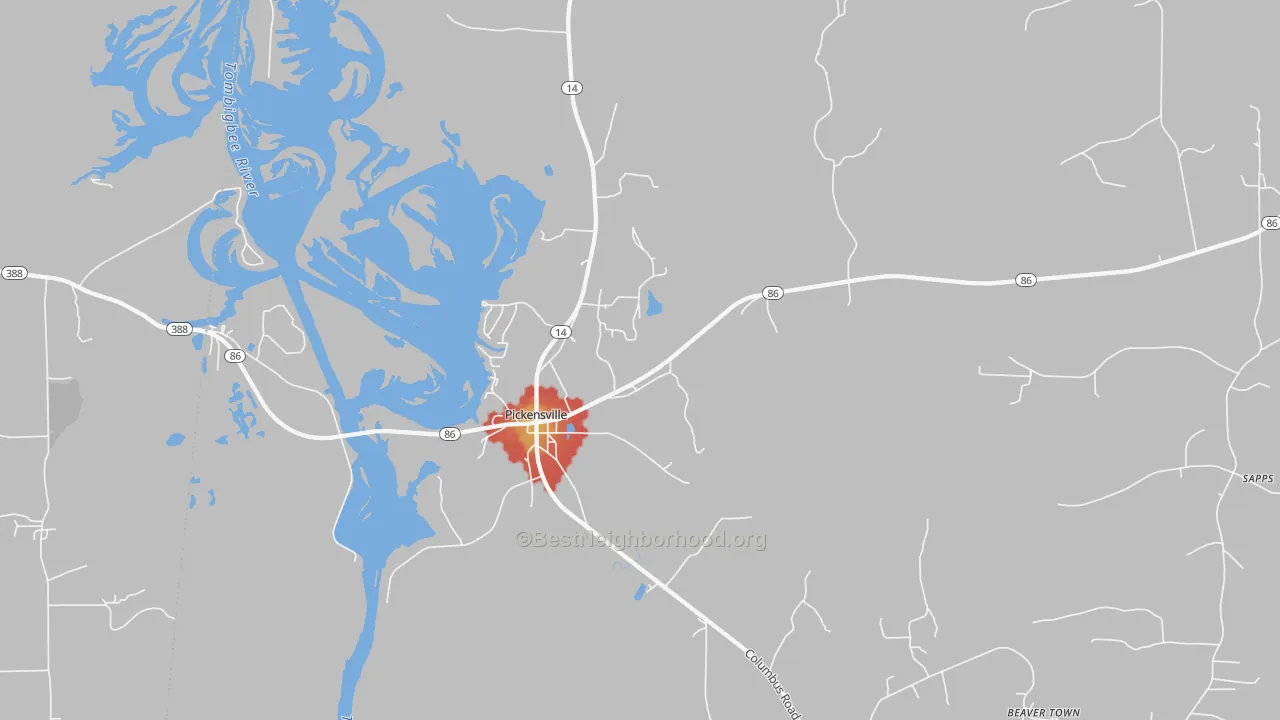 Walk Grade map of Pickensville, AL, walkable areas in green and car-dependent areas in red