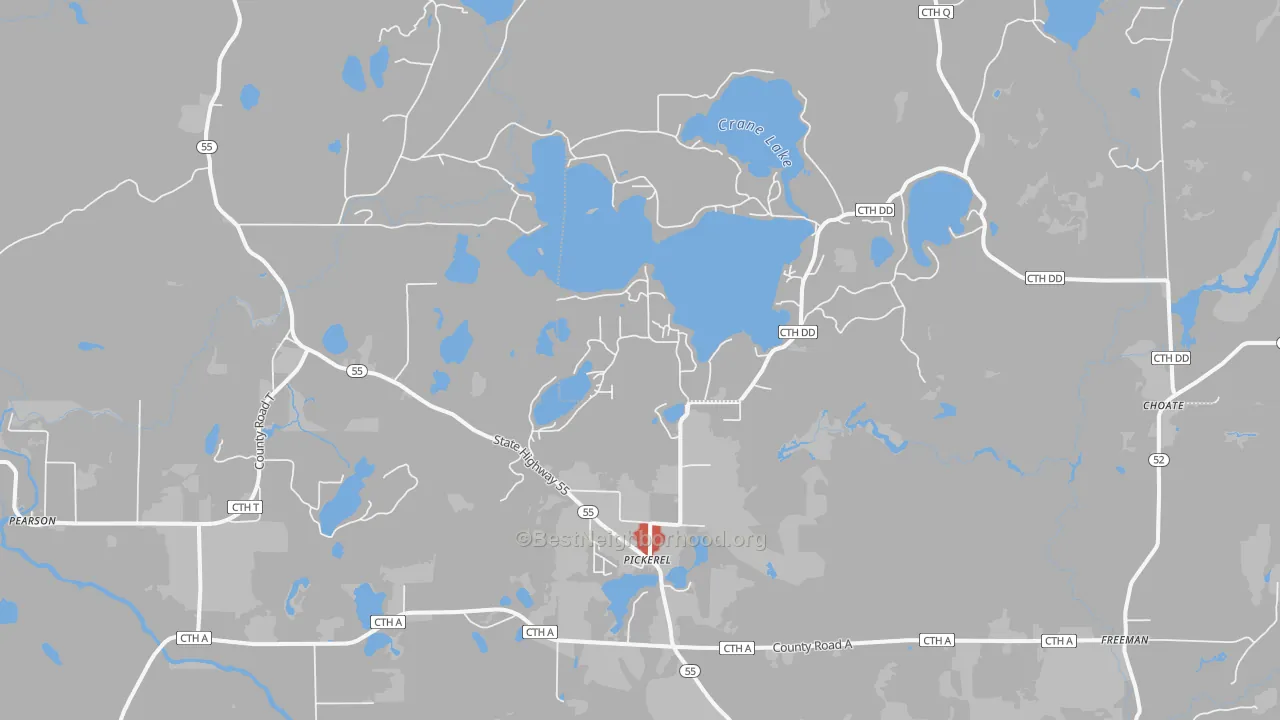 Walk Grade map of Pickerel, WI, walkable areas in green and car-dependent areas in red