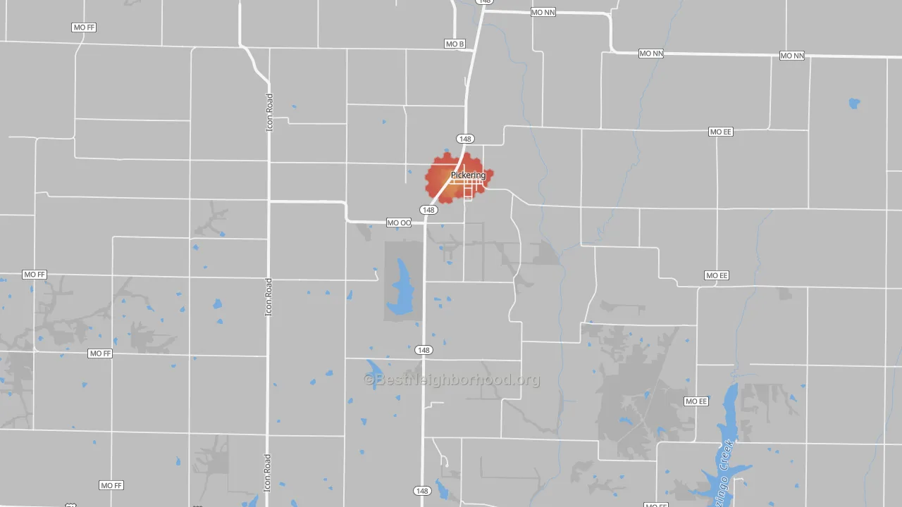 Walk Grade map of Pickering, MO, walkable areas in green and car-dependent areas in red