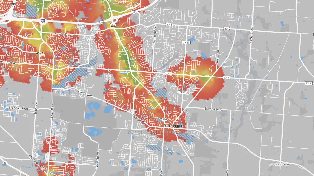 Walk Grade map of Pickerington, OH, walkable areas in green and car-dependent areas in red