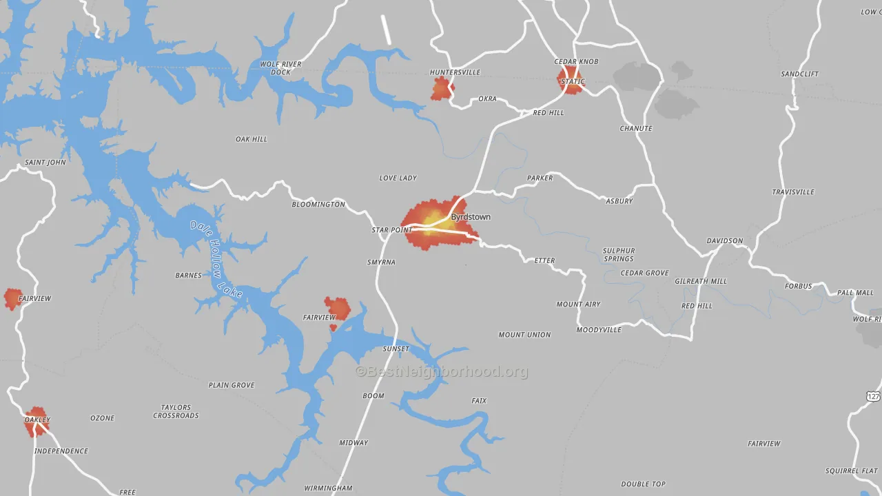 Walk Grade map of Pickett County, TN, walkable areas in green and car-dependent areas in red