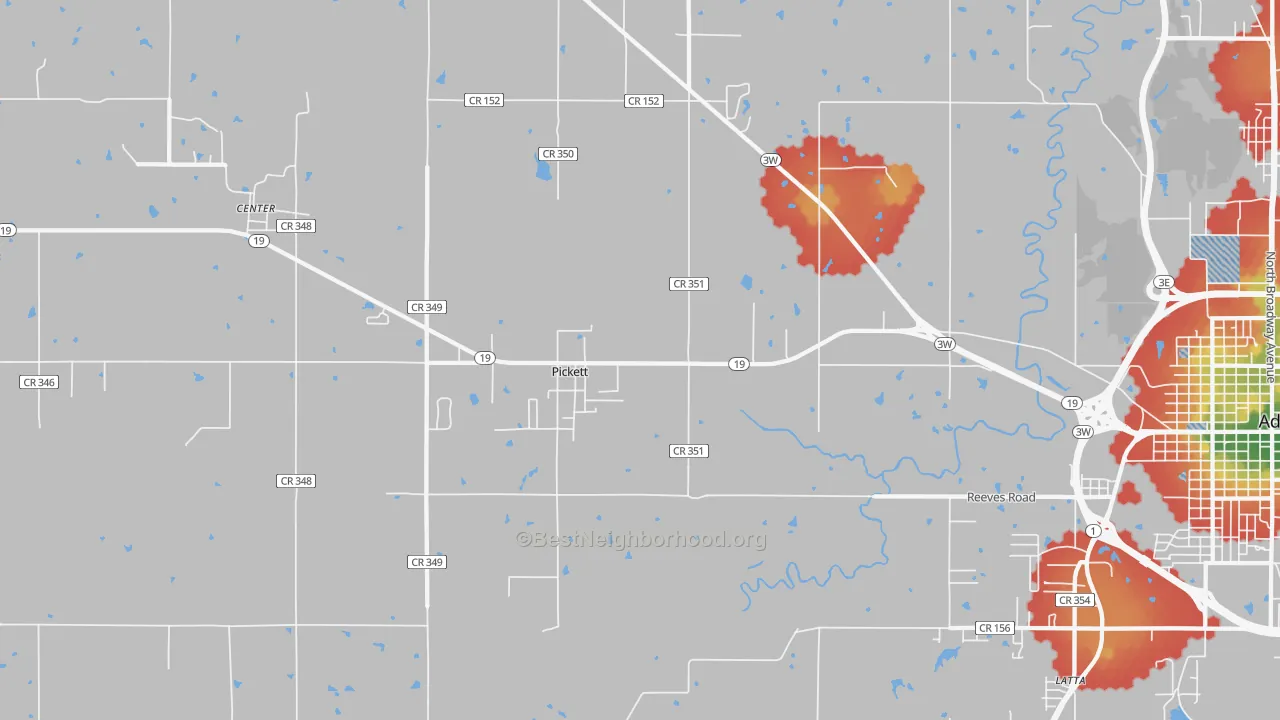 Walk Grade map of Pickett, OK, walkable areas in green and car-dependent areas in red