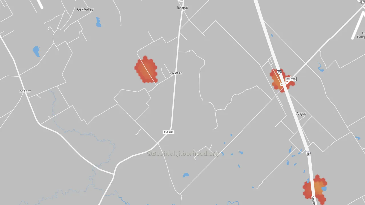 Walk Grade map of Pickett, TX, walkable areas in green and car-dependent areas in red