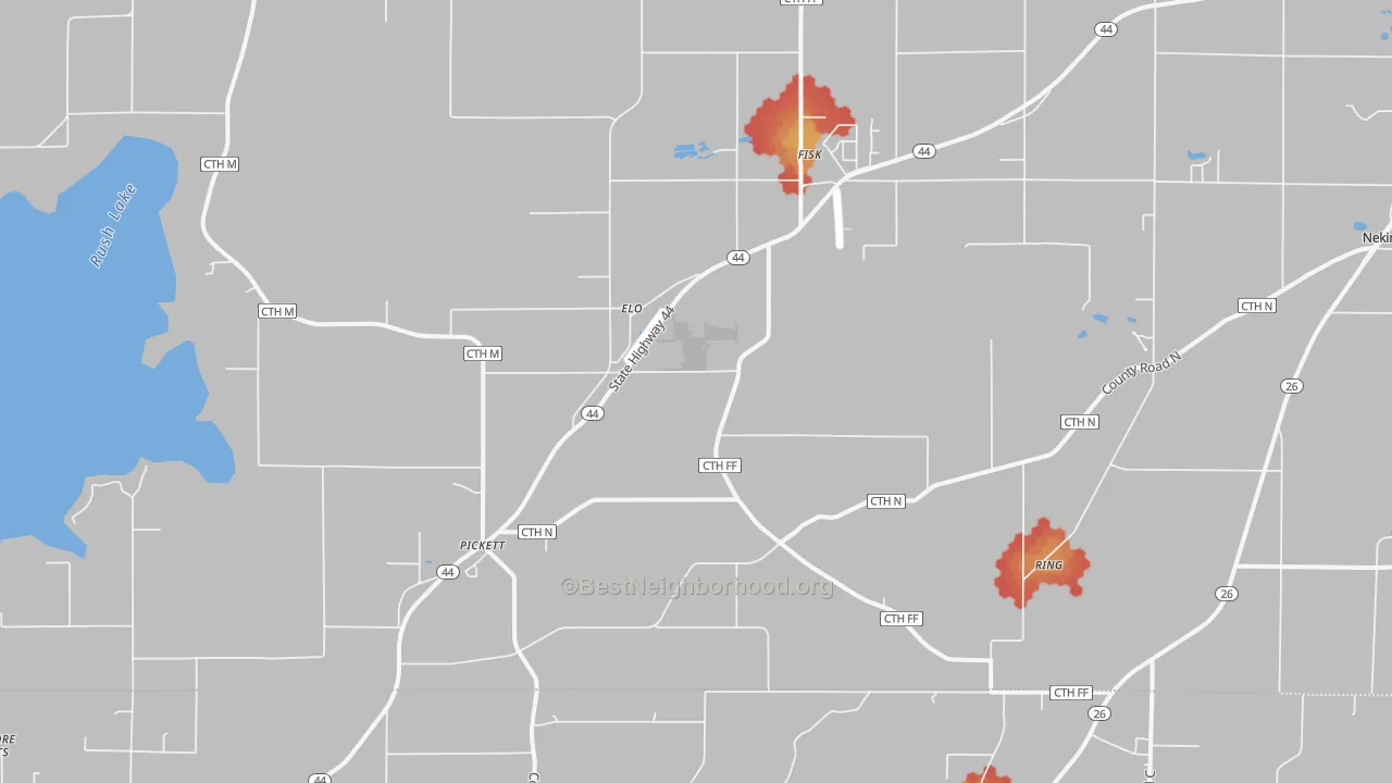 Walk Grade map of Pickett, WI, walkable areas in green and car-dependent areas in red