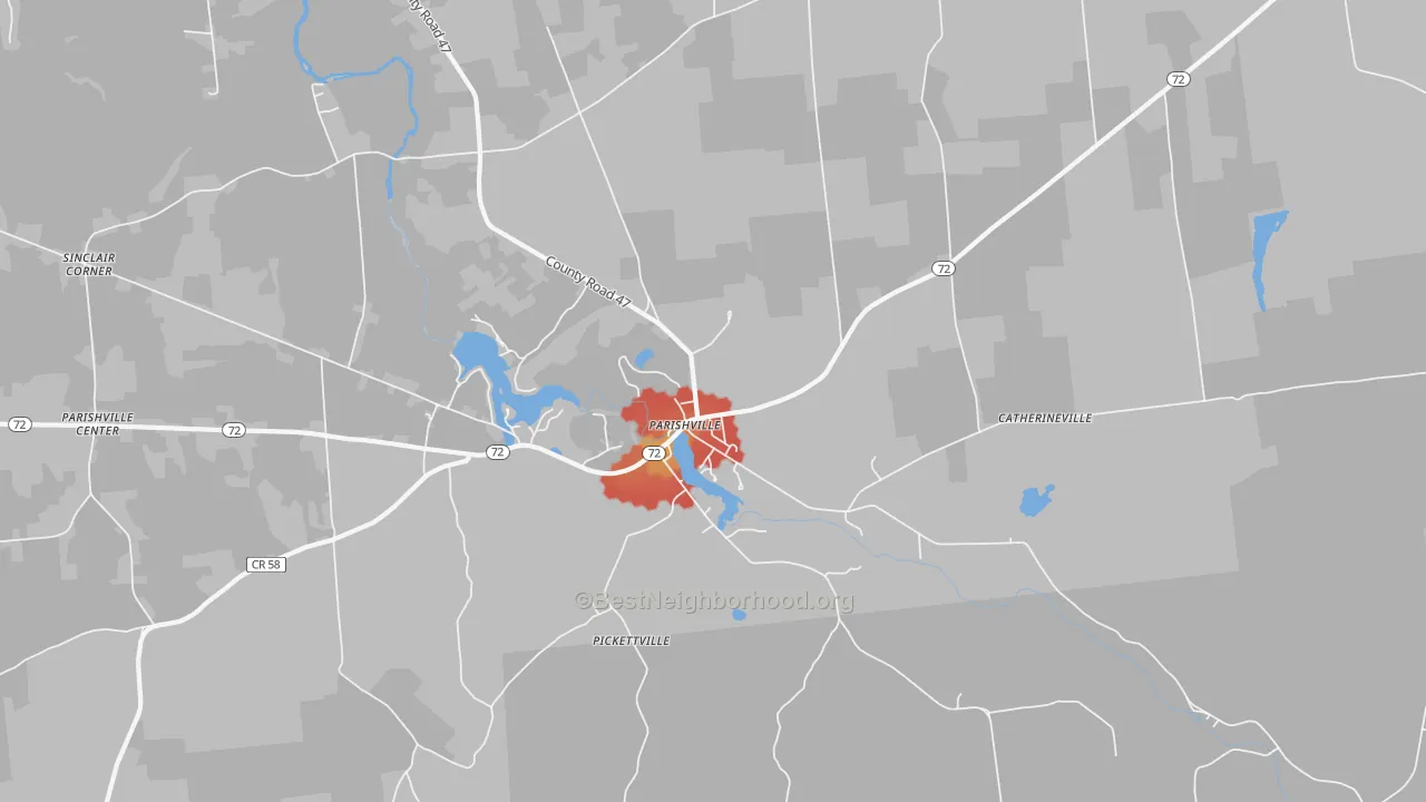 Walk Grade map of Pickettville, NY, walkable areas in green and car-dependent areas in red