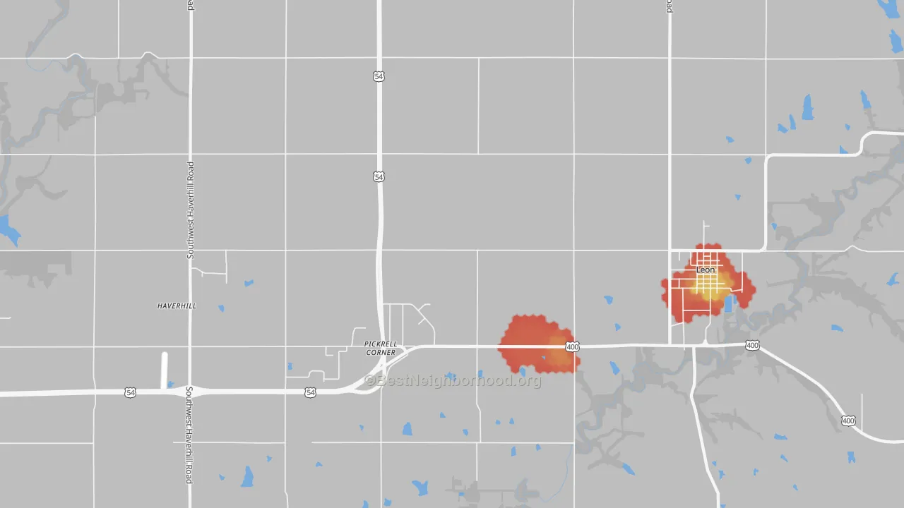 Walk Grade map of Pickrell Corner, KS, walkable areas in green and car-dependent areas in red
