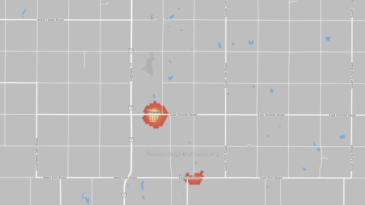 Walk Grade map of Pickrell, NE, walkable areas in green and car-dependent areas in red