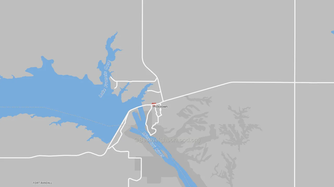 Walk Grade map of Pickstown, SD, walkable areas in green and car-dependent areas in red