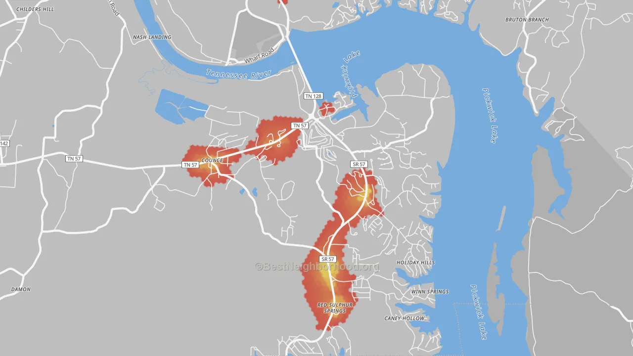 Walk Grade map of Pickwick Dam, TN, walkable areas in green and car-dependent areas in red