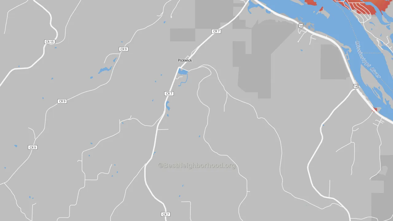 Walk Grade map of Pickwick, MN, walkable areas in green and car-dependent areas in red