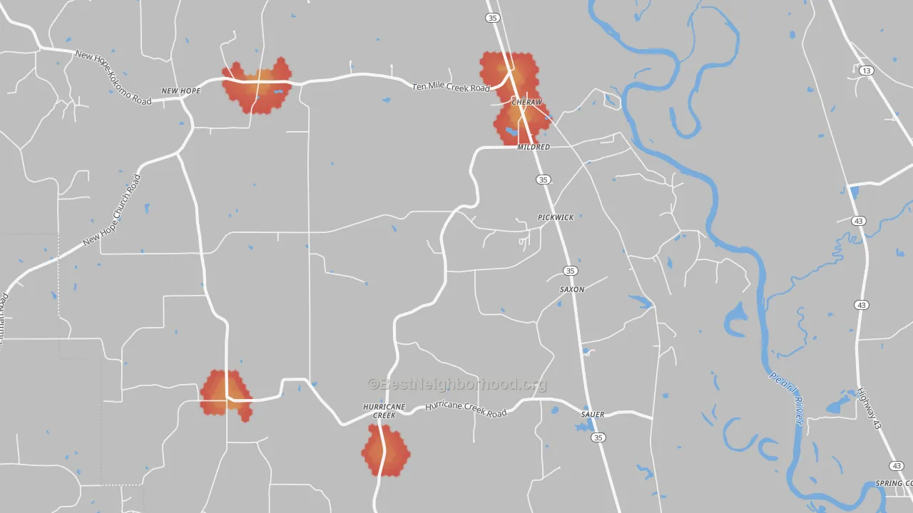 Walk Grade map of Pickwick, MS, walkable areas in green and car-dependent areas in red