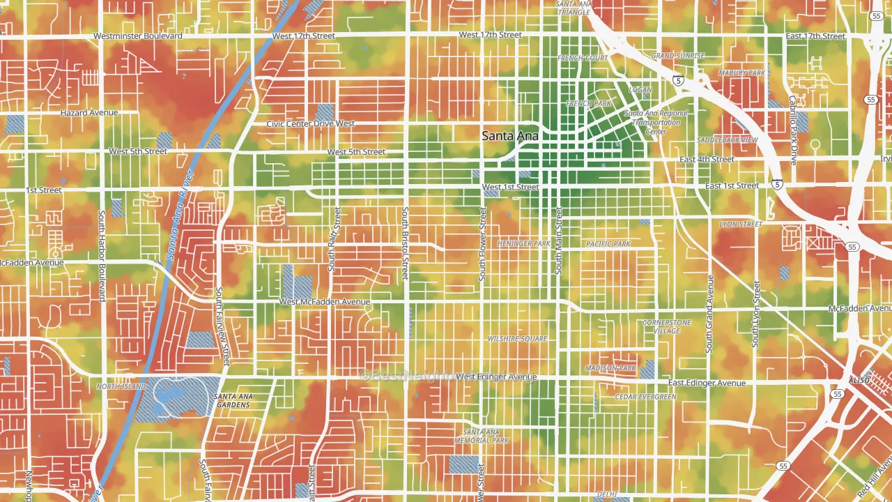 Walk Grade map of Pico-Lowell, Santa Ana, CA, walkable areas in green and car-dependent areas in red