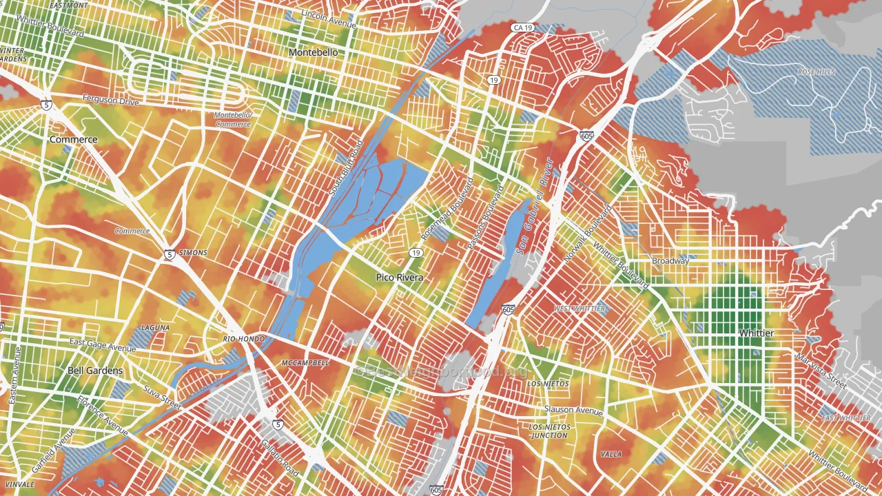 Walk Grade map of Pico Rivera, CA, walkable areas in green and car-dependent areas in red