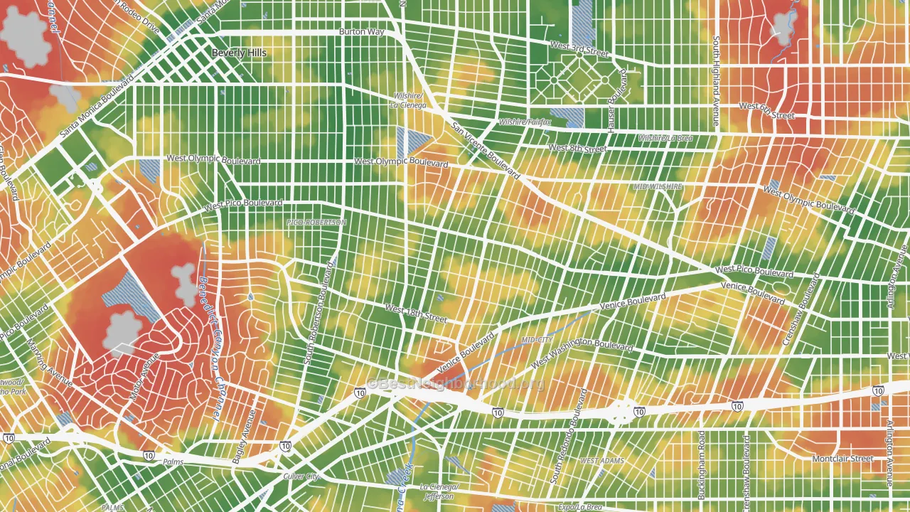 Walk Grade map of Pico-Robertson, Los Angeles, CA, walkable areas in green and car-dependent areas in red