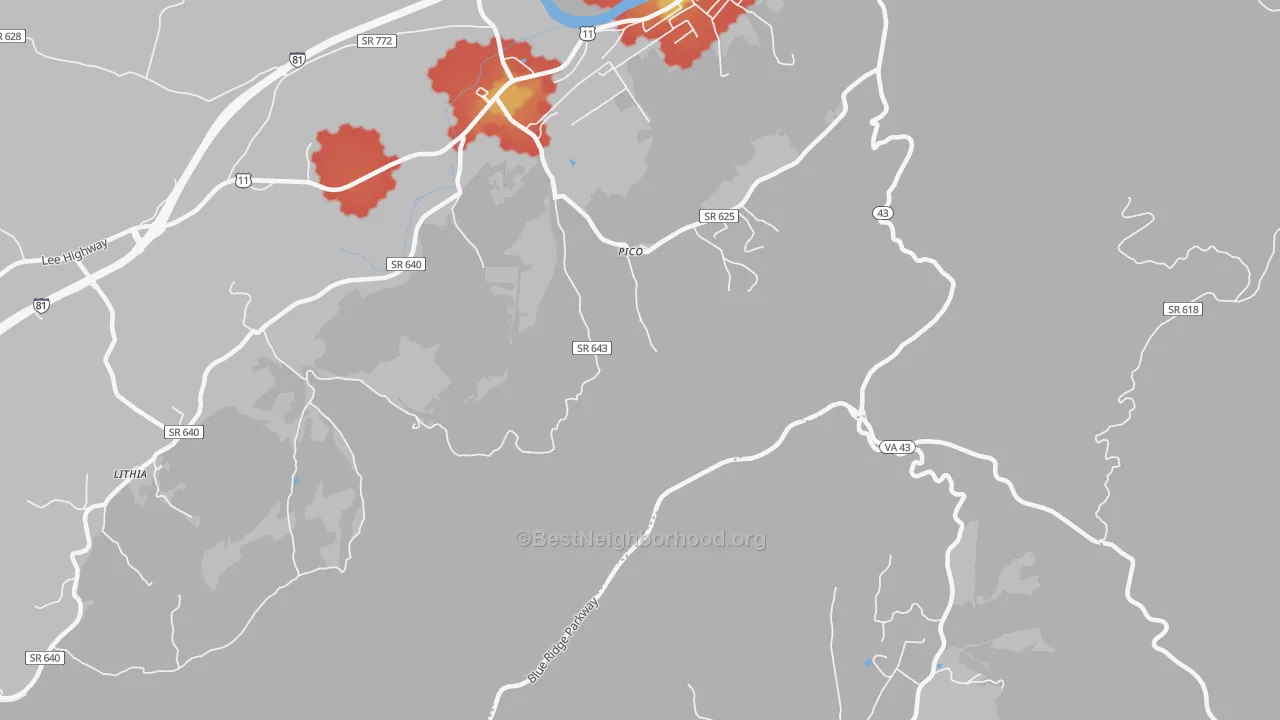 Walk Grade map of Pico, VA, walkable areas in green and car-dependent areas in red