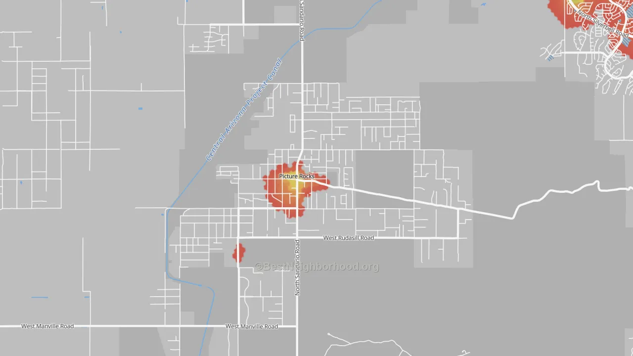 Walk Grade map of Picture Rocks, AZ, walkable areas in green and car-dependent areas in red