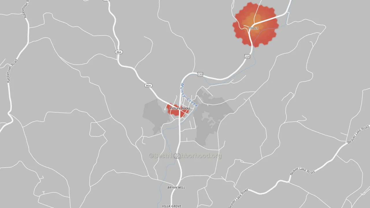 Walk Grade map of Picture Rocks, PA, walkable areas in green and car-dependent areas in red