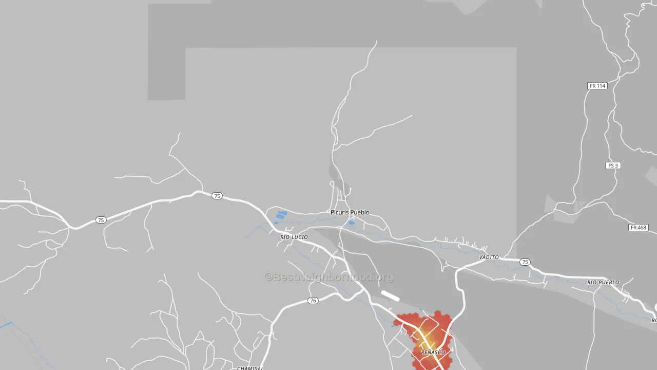 Walk Grade map of Picuris Pueblo, NM, walkable areas in green and car-dependent areas in red