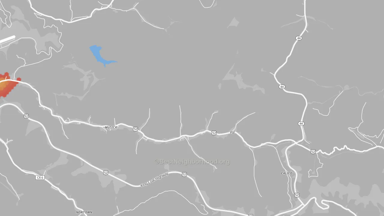 Walk Grade map of Pie, WV, walkable areas in green and car-dependent areas in red