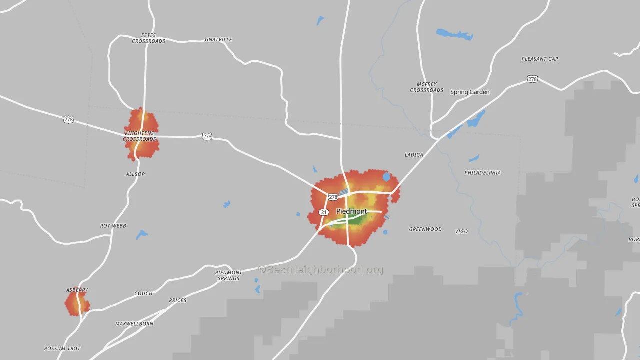 Walk Grade map of Piedmont, AL, walkable areas in green and car-dependent areas in red