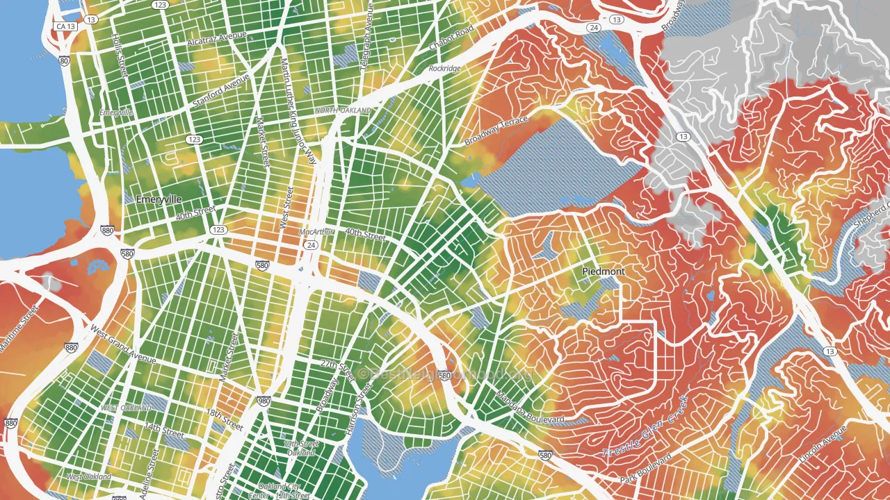 Walk Grade map of Piedmont Avenue, Oakland, CA, walkable areas in green and car-dependent areas in red