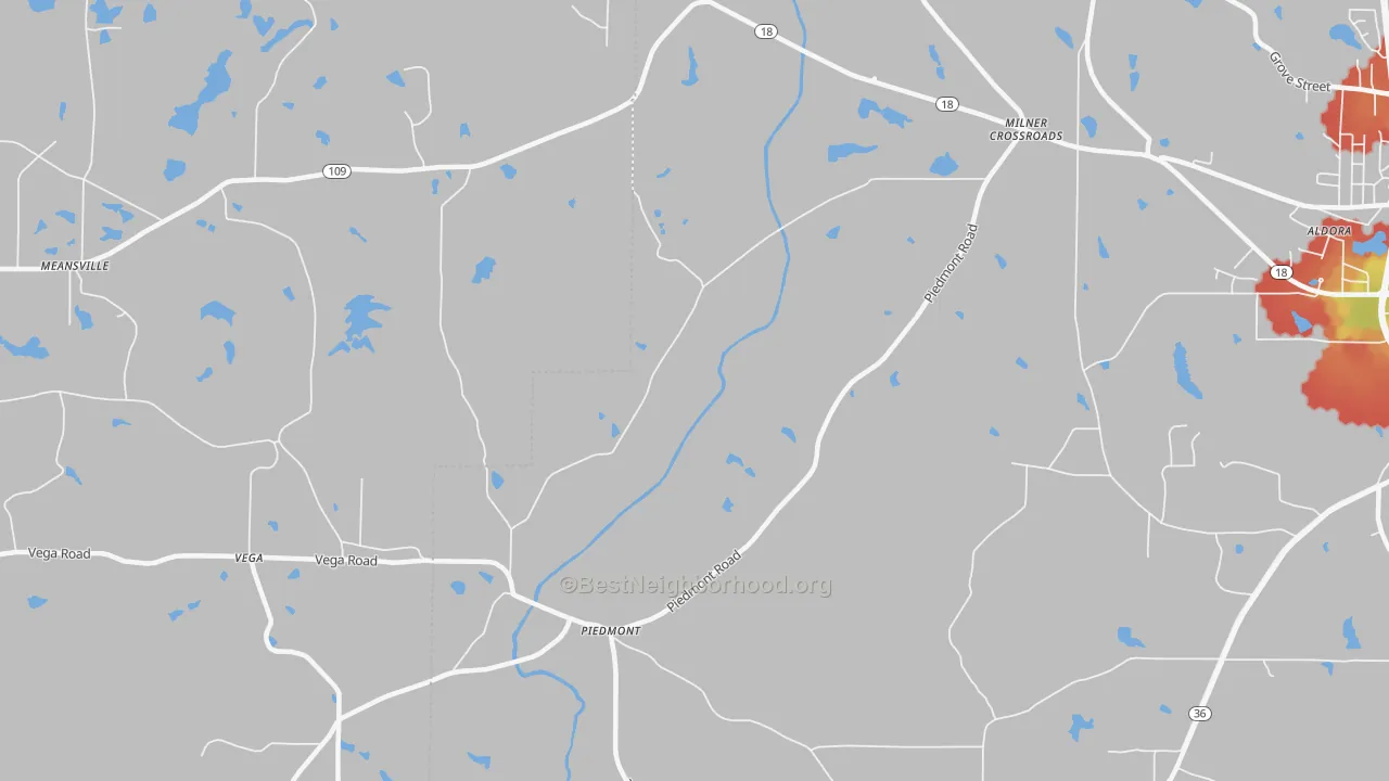 Walk Grade map of Piedmont, GA, walkable areas in green and car-dependent areas in red