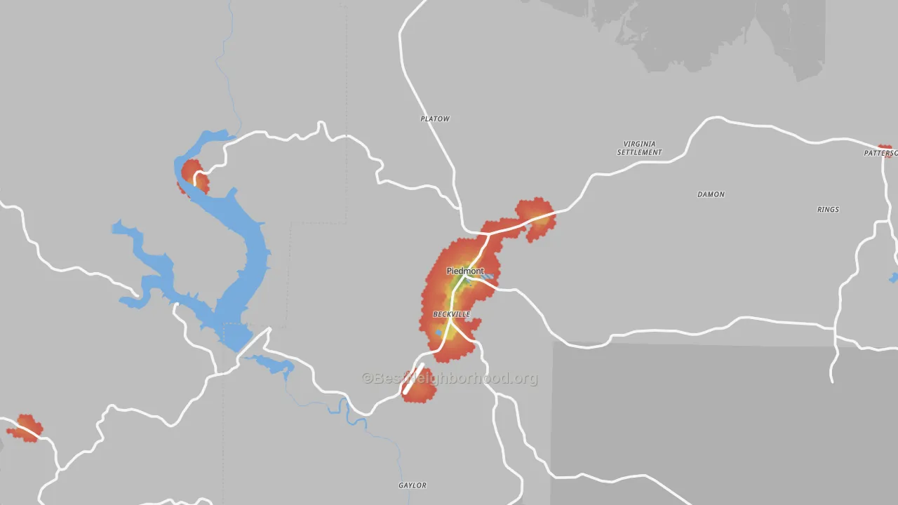 Walk Grade map of Piedmont, MO, walkable areas in green and car-dependent areas in red