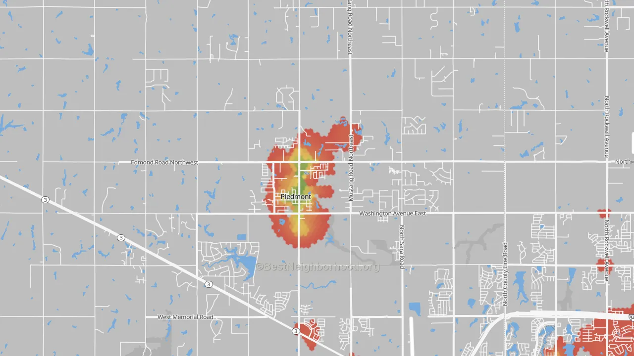 Walk Grade map of Piedmont, OK, walkable areas in green and car-dependent areas in red