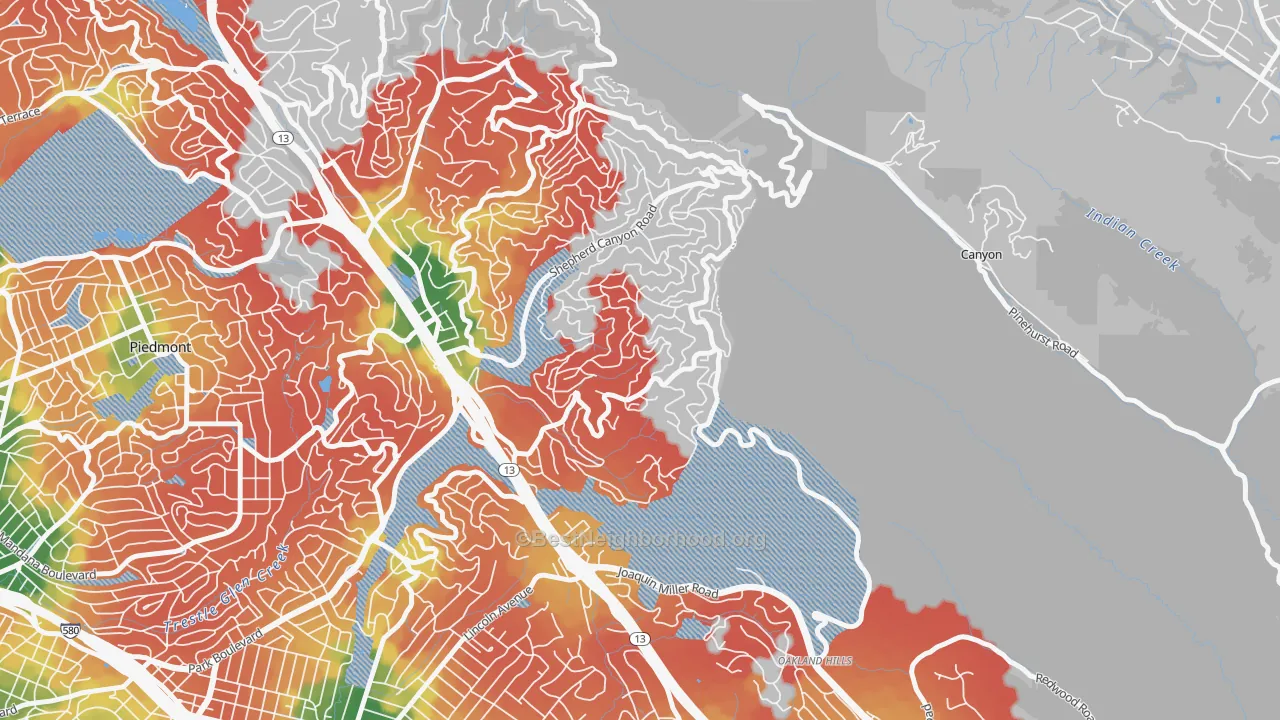 Walk Grade map of Piedmont Pines, Oakland, CA, walkable areas in green and car-dependent areas in red