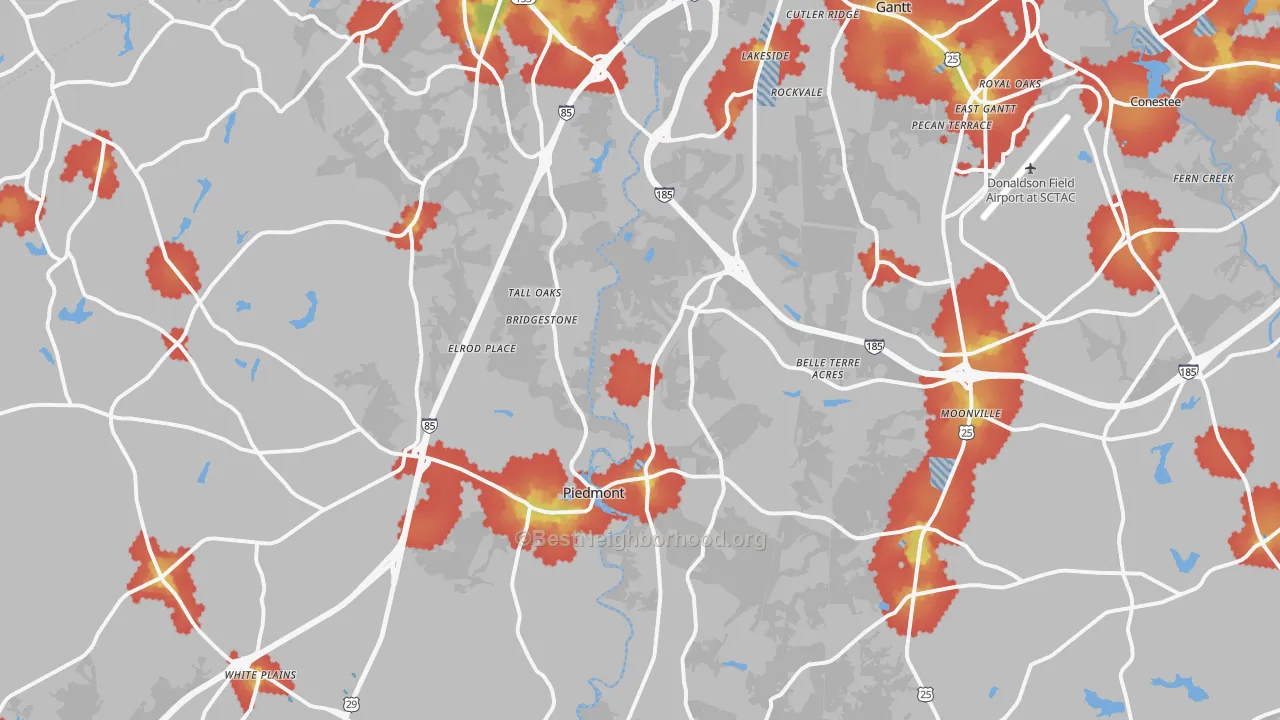 Walk Grade map of Piedmont, SC, walkable areas in green and car-dependent areas in red