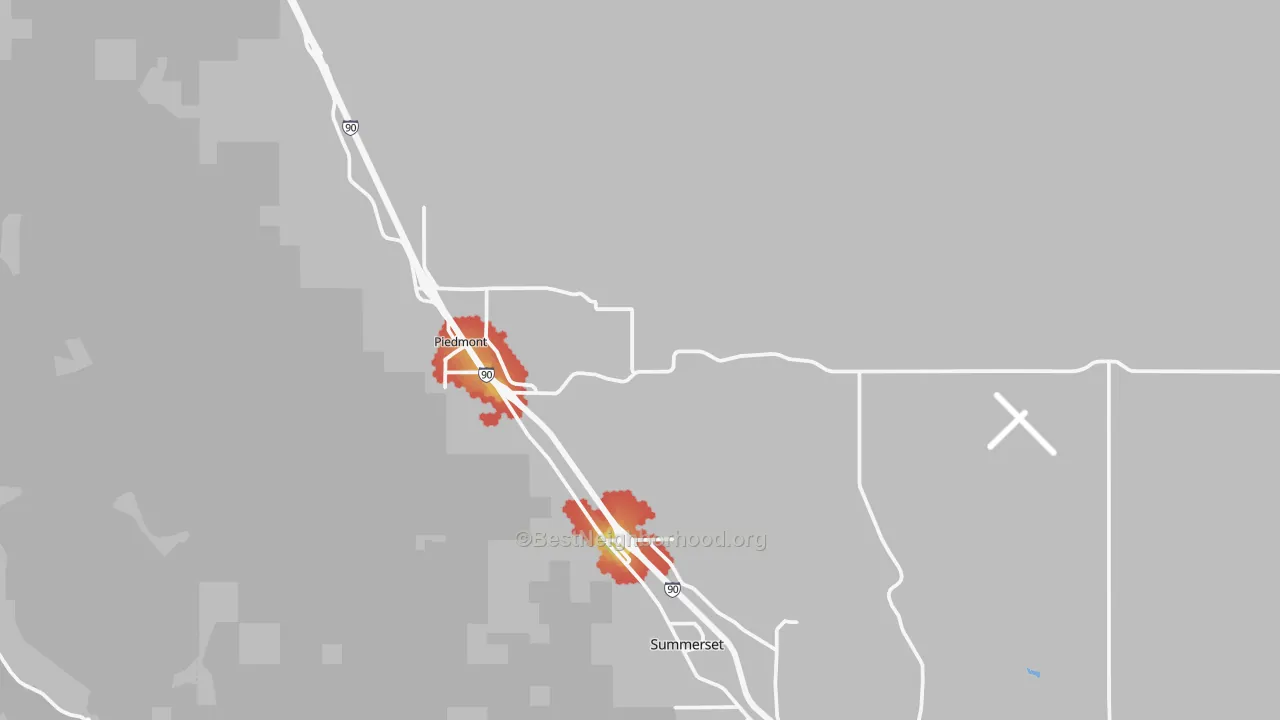 Walk Grade map of Piedmont, SD, walkable areas in green and car-dependent areas in red