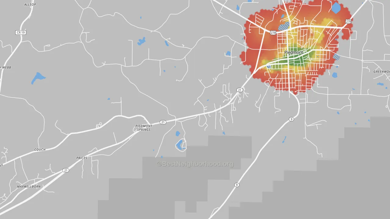 Walk Grade map of Piedmont Springs, AL, walkable areas in green and car-dependent areas in red