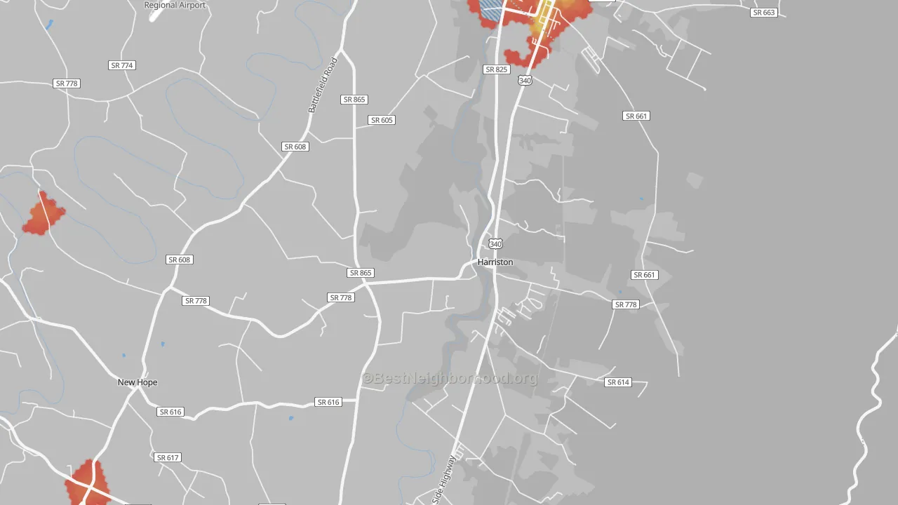 Walk Grade map of Piedmont, VA, walkable areas in green and car-dependent areas in red