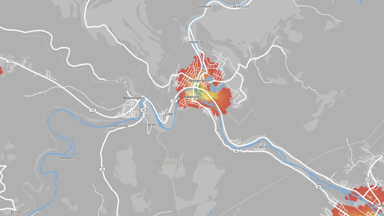 Walk Grade map of Piedmont, WV, walkable areas in green and car-dependent areas in red