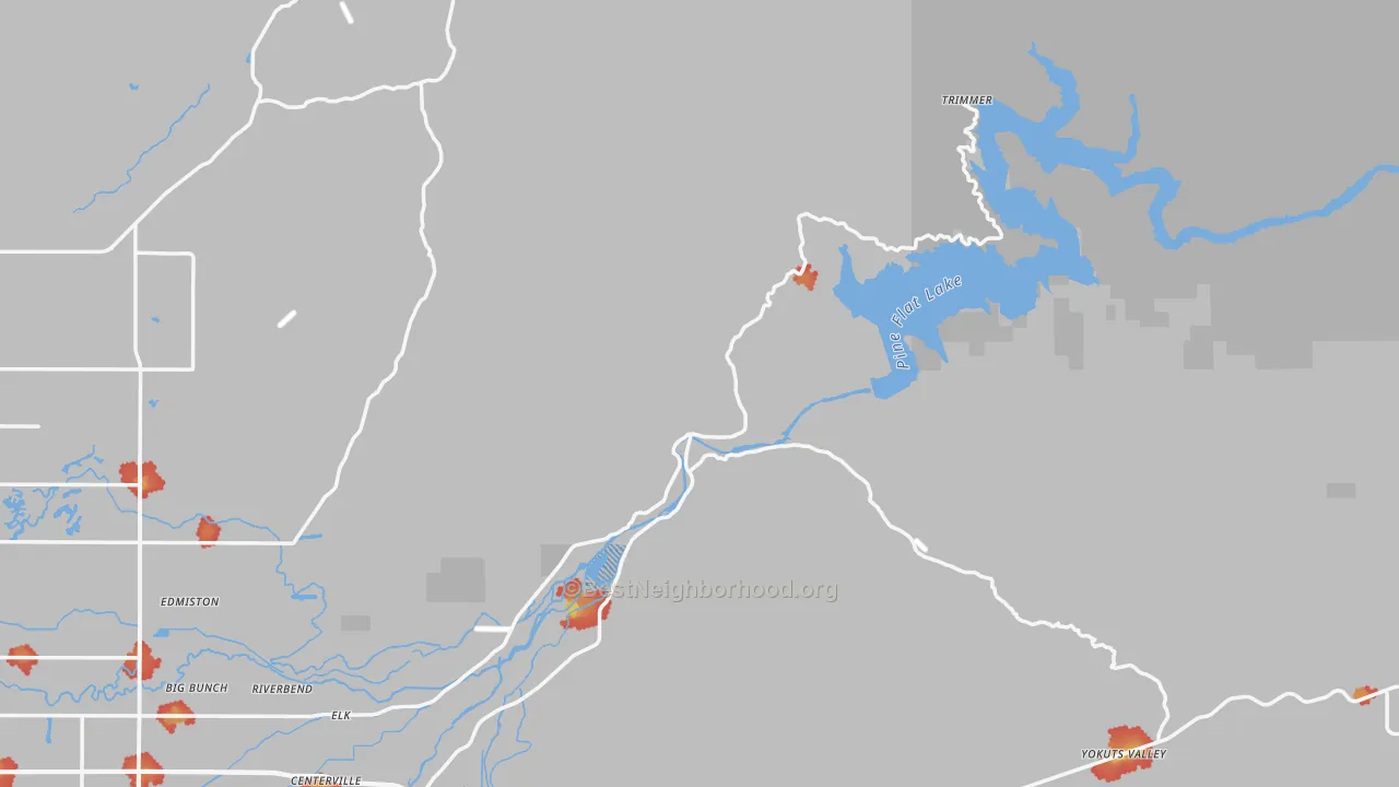 Walk Grade map of Piedra, CA, walkable areas in green and car-dependent areas in red