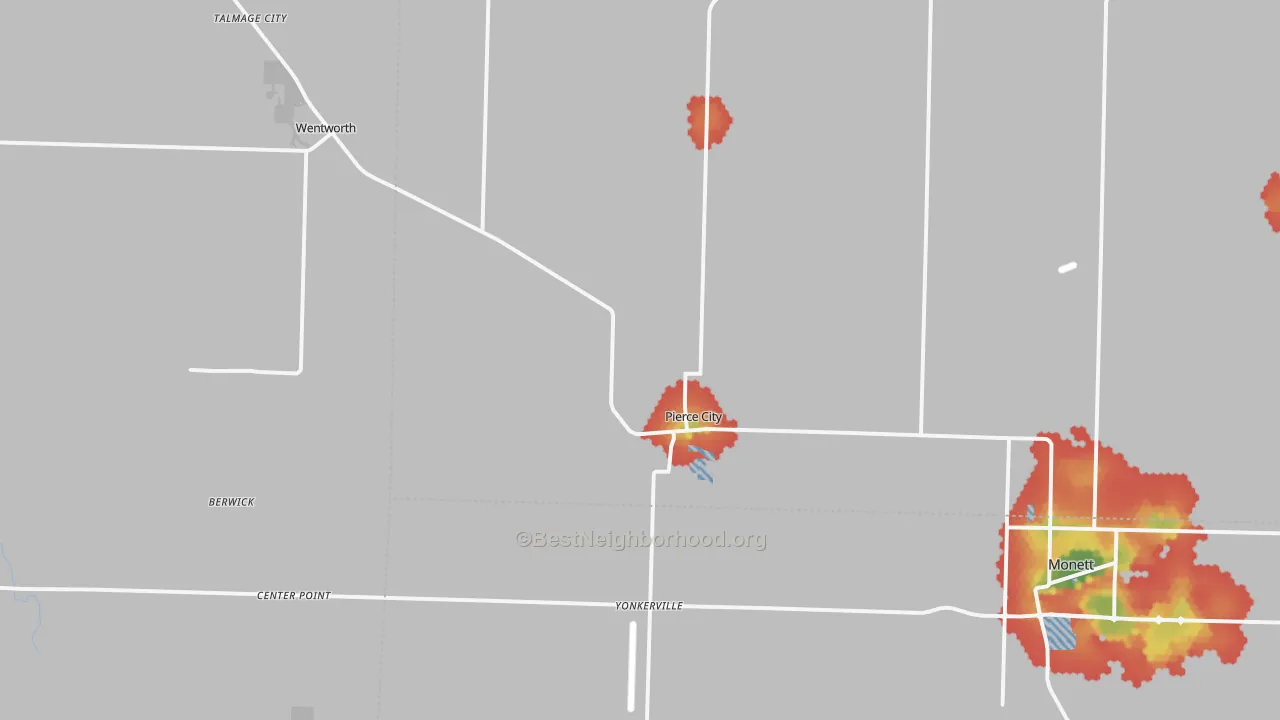 Walk Grade map of Pierce City, MO, walkable areas in green and car-dependent areas in red