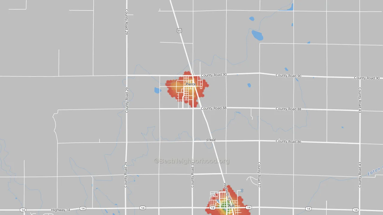 Walk Grade map of Pierce, CO, walkable areas in green and car-dependent areas in red