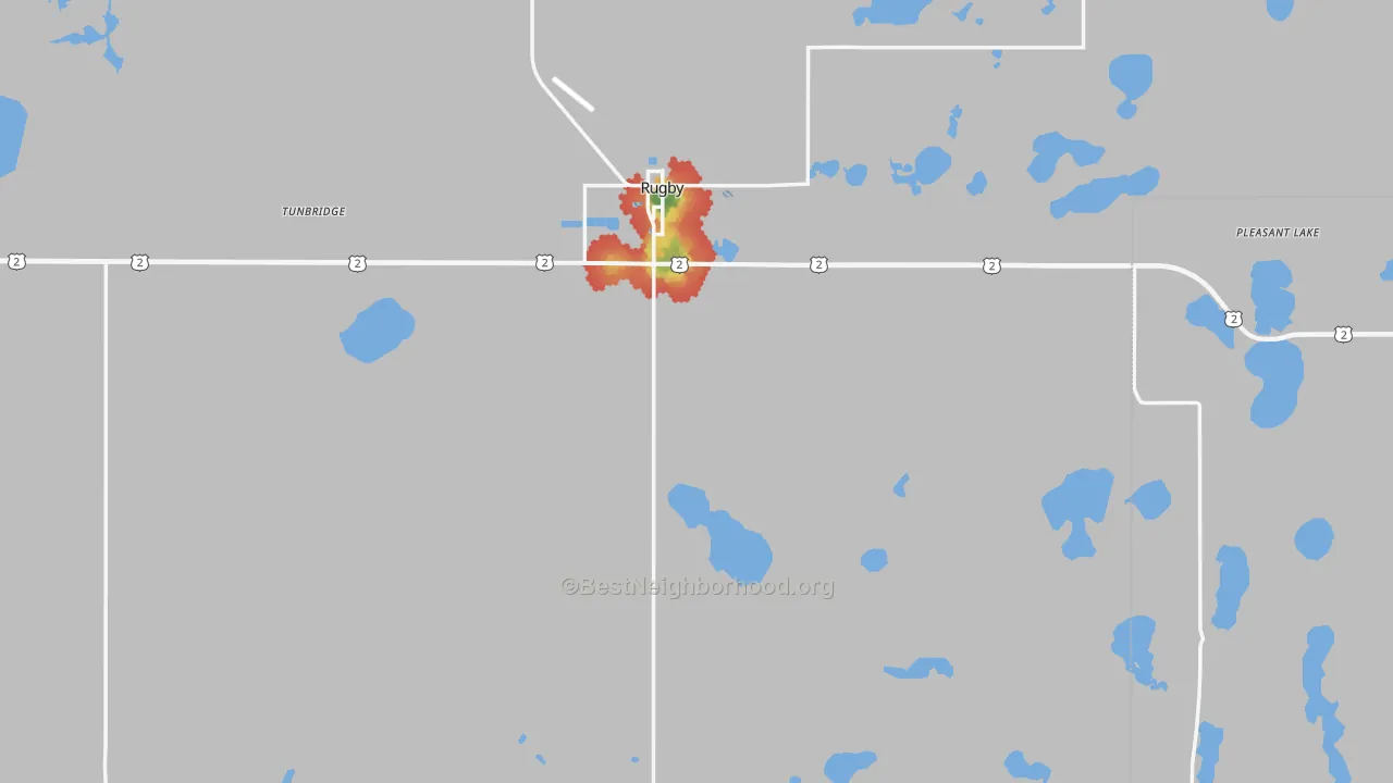 Walk Grade map of Pierce County, ND, walkable areas in green and car-dependent areas in red