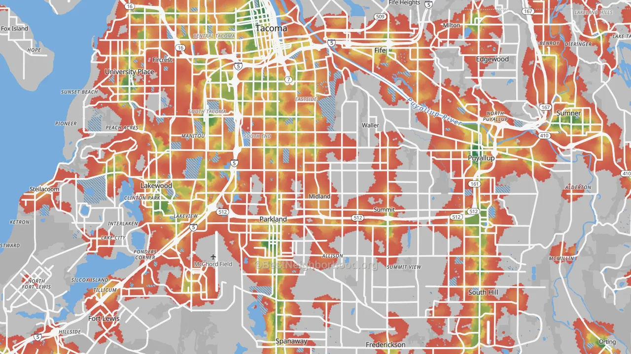 Walk Grade map of Pierce County, WA, walkable areas in green and car-dependent areas in red