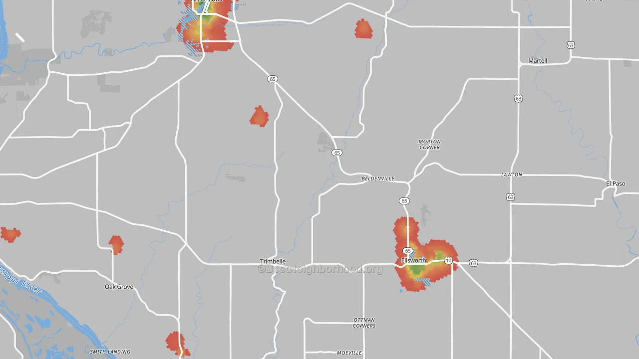Walk Grade map of Pierce County, WI, walkable areas in green and car-dependent areas in red