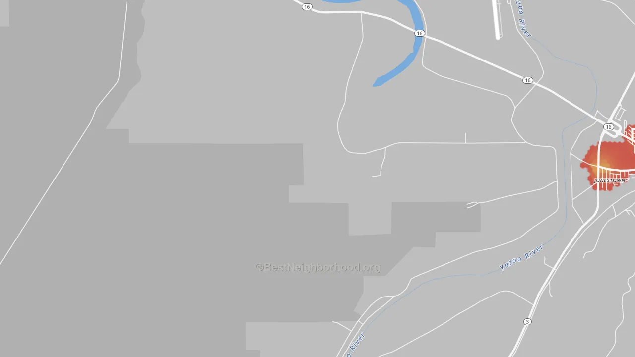Walk Grade map of Pierce Crossroad, MS, walkable areas in green and car-dependent areas in red