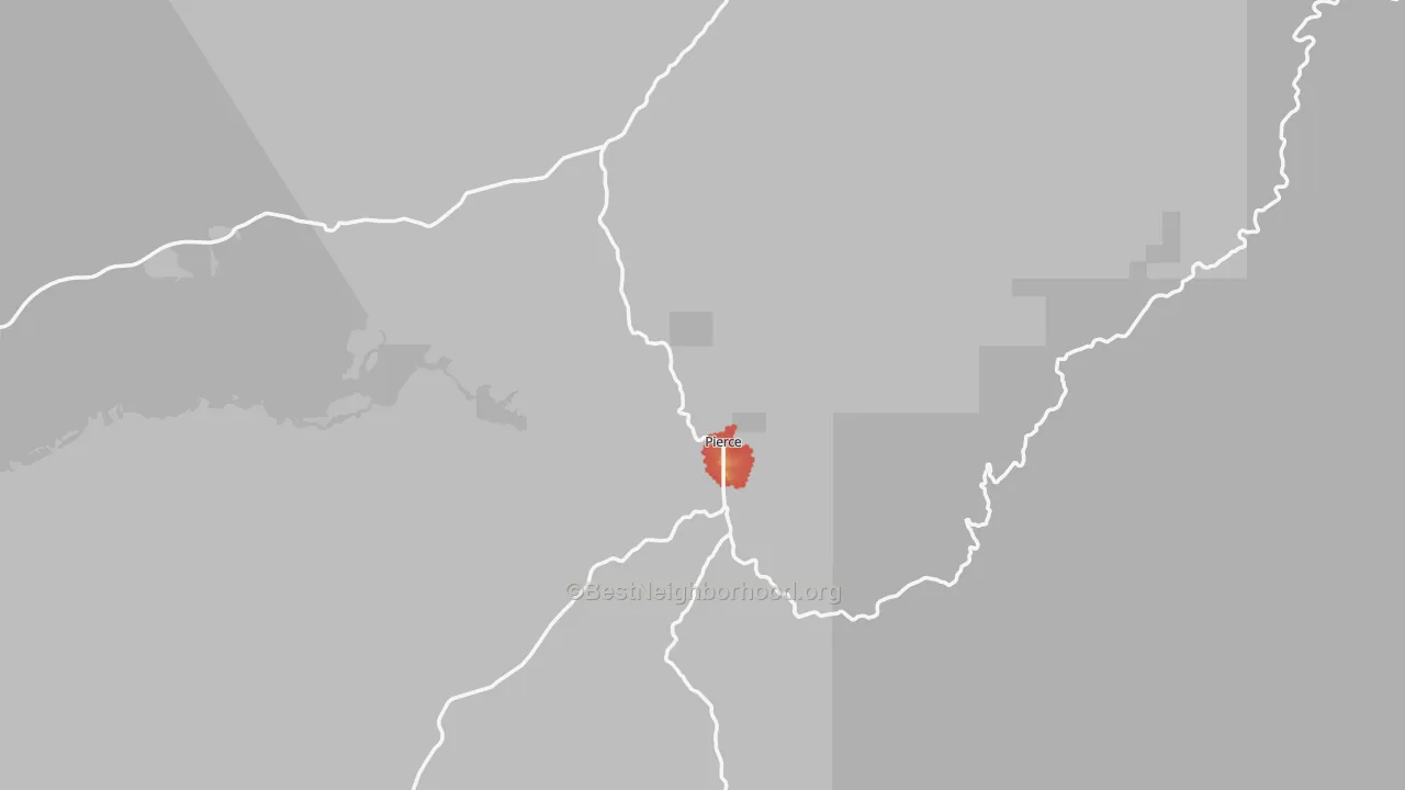 Walk Grade map of Pierce, ID, walkable areas in green and car-dependent areas in red