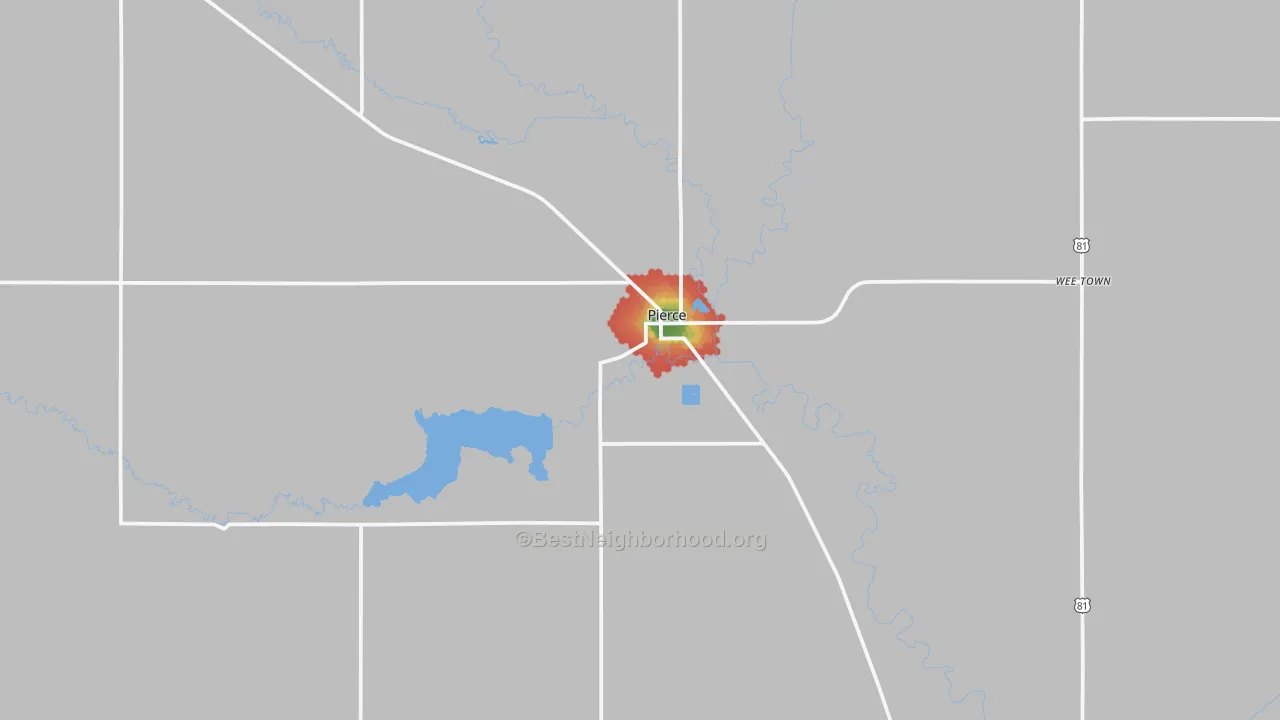 Walk Grade map of Pierce, NE, walkable areas in green and car-dependent areas in red