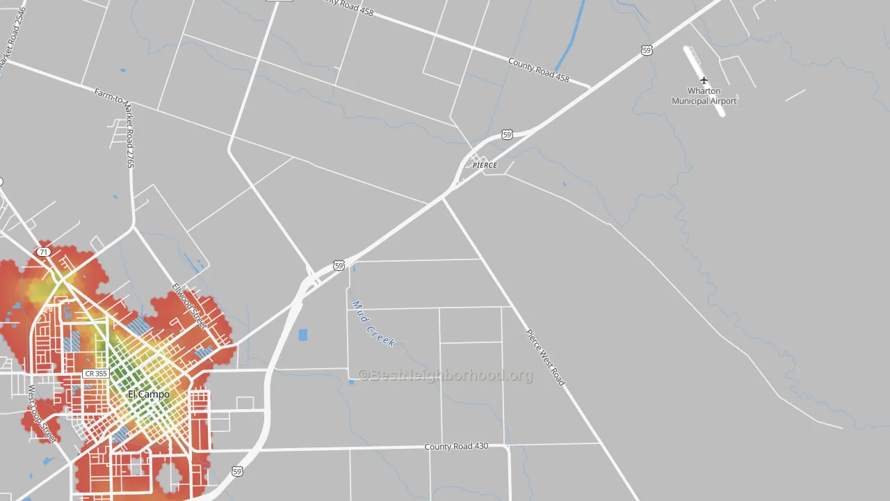 Walk Grade map of Pierce, TX, walkable areas in green and car-dependent areas in red